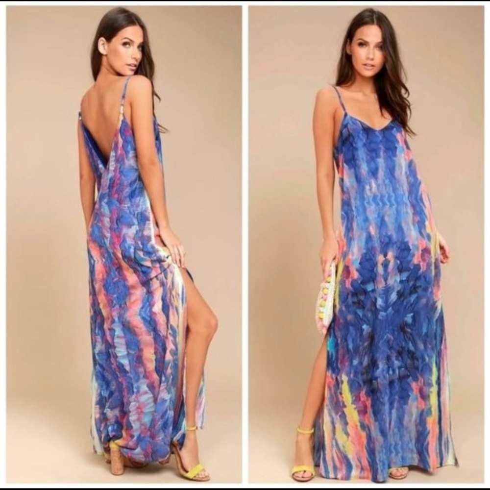Lulu’s Flying Watercolors Royal Blue Print Maxi Dress